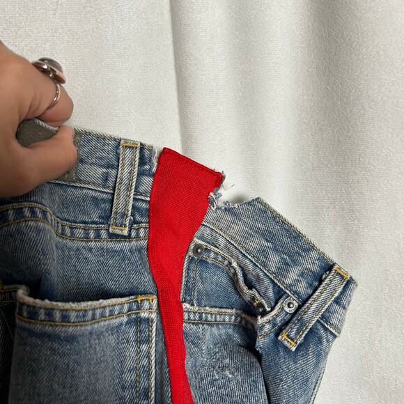 Carmen Straight Thrashed Distressed High Rise Red Tuxedo Stripe Denim Blue Jeans - Picture 7 of 10